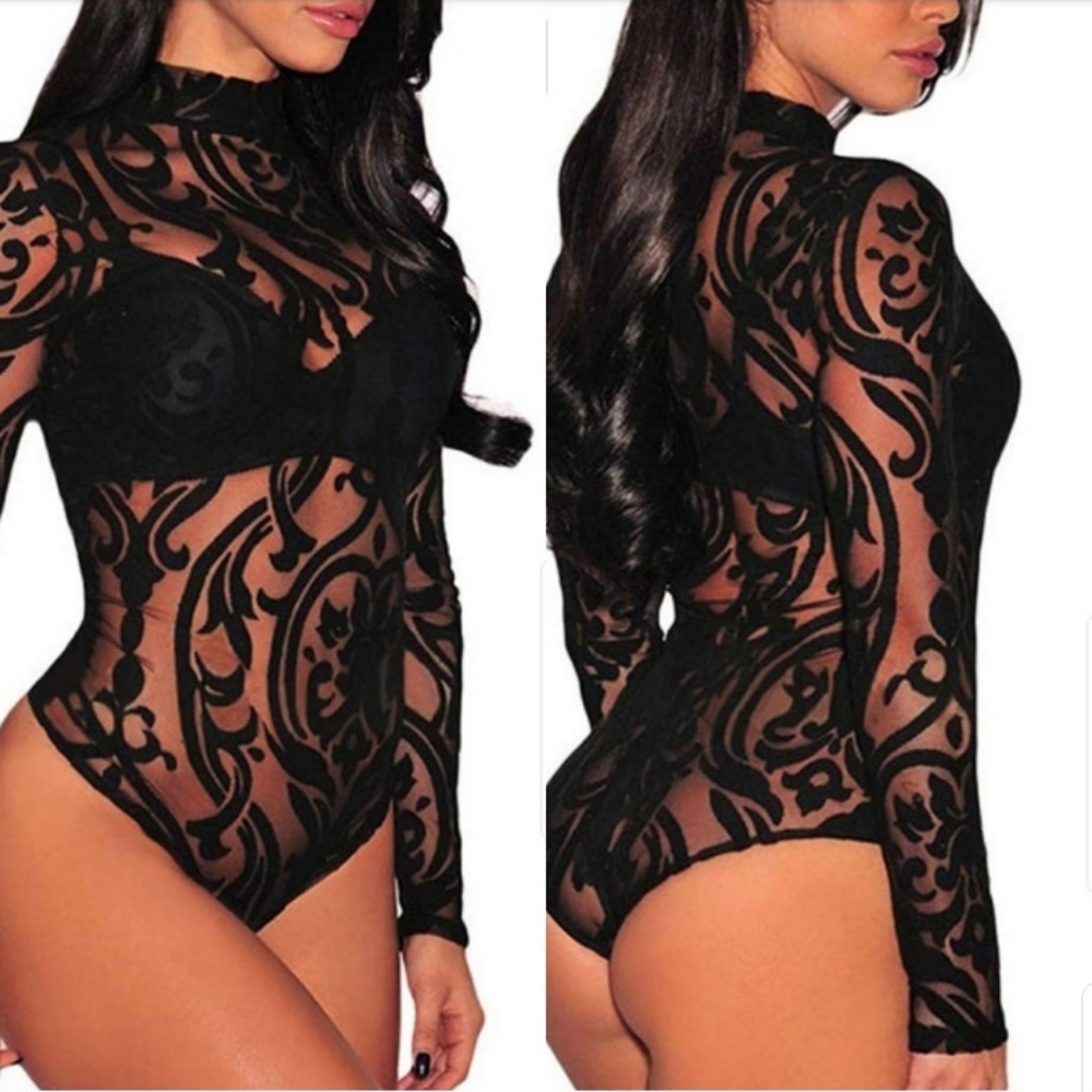 PLUS🖤SIZE Velvet Mesh 🖤 Sexy Long Sleeve Bodysuit
